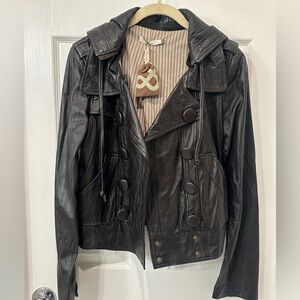 Mike & Chris dark brown Lamb Leather Button-Front hooded Jacket